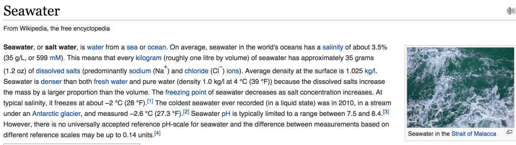 The salinity of seawater according to wikipedia is around 3.5% salt